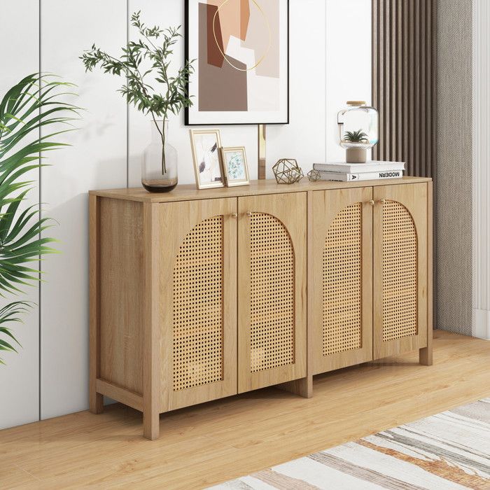 Buffet bas 145×40×80 cm avec 4 portes en rotin Buffet de cuisine avec poignées métalliques Buffet salle a manger en naturel