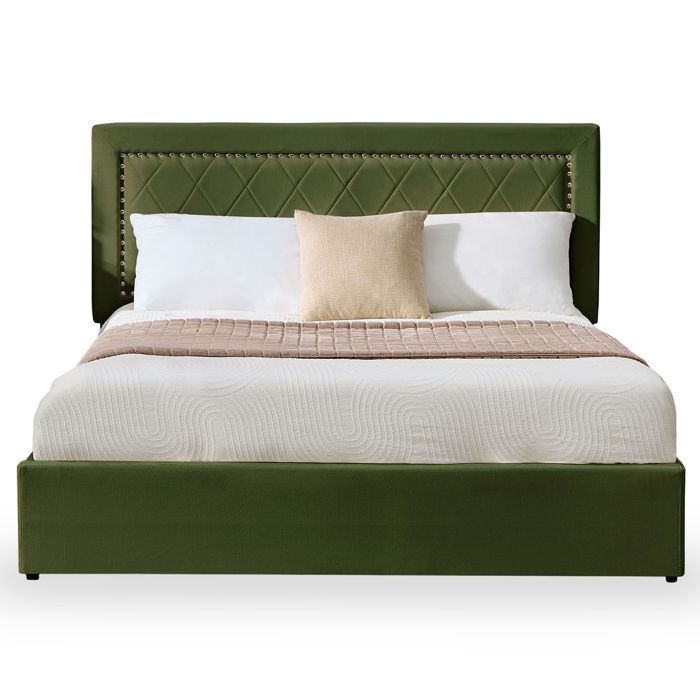 MENZZO Lit coffre Sandiego avec sommier relevable 160x200cm et tête de lit cloutée Velours Kaki - Velours Lit complet : L172 x P213