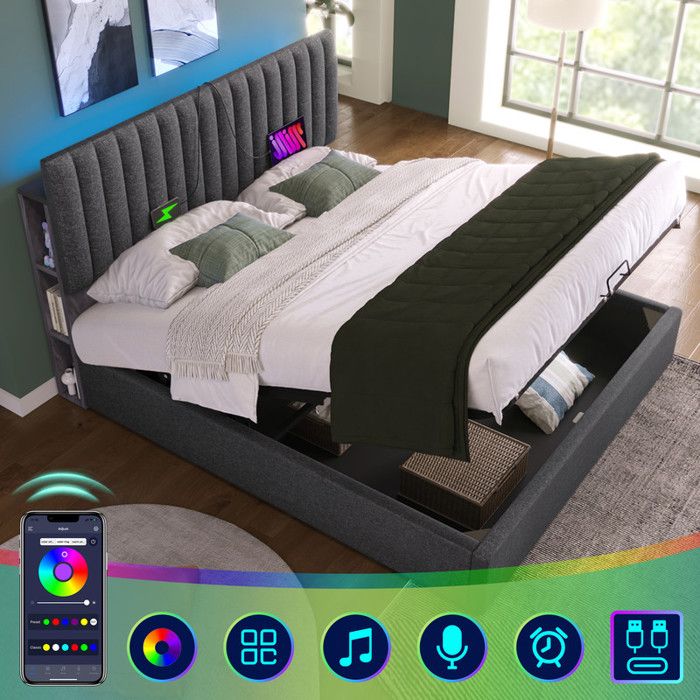 Lit coffre rembourré - 160x200 cm - Gris - Tête de lit LED - Ports USB & Type C