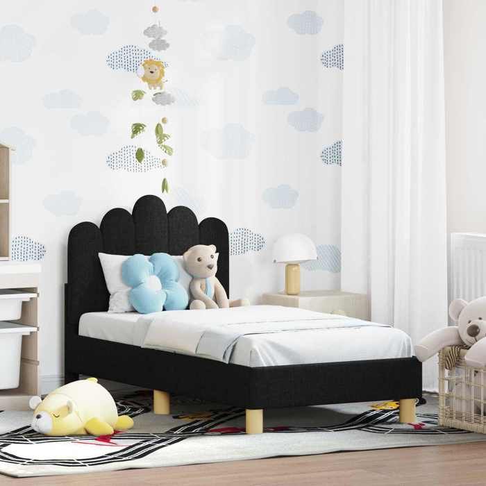 Lit pour tout-petit avec tête de lit - UU - Noir - 70x140 cm - Bois dingénierie - Cadre à lattes - Poches de rangement
