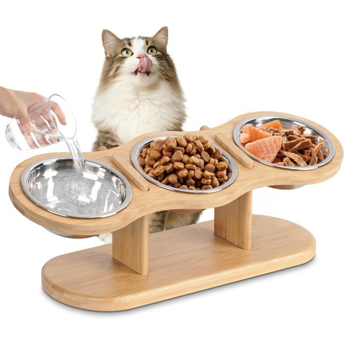Lot de 3 Gamelles surélevées pour Chat - Hauteur Réglable - Support en Bois - Gamelles en Acier Inoxydable - Pour Eau et Nourriture