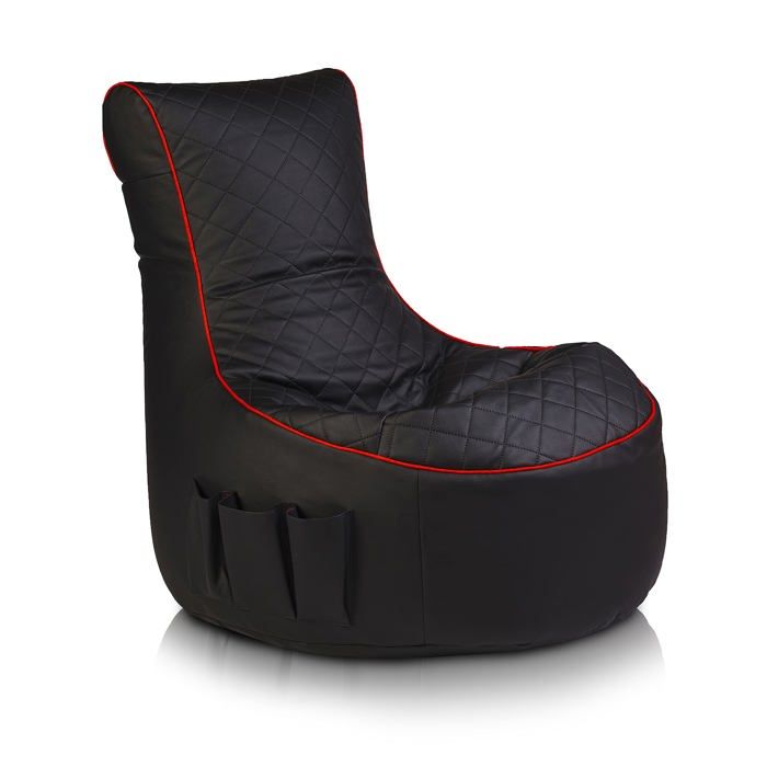 Pouf Fauteuil Gaming Pablo en Simili Cuir Matelassé Dossier Haut avec Poches 77x77x84cm Noir Règle Rouge – Ecopuf