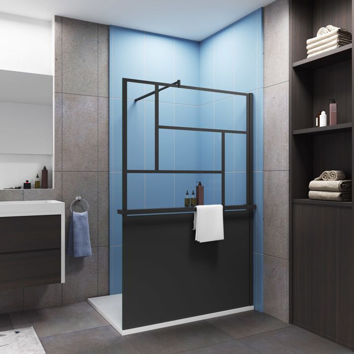 Paroi de douche 100x200cm style industriel + Étagère de Douche 100cm noir + 8mm verre anticalcaire + barre de fixation 70-120cm