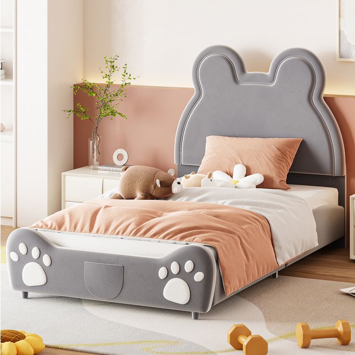 Lit enfant 90x200 cm en forme dours mignon. pour garçons et filles. velours. lit simple. gris