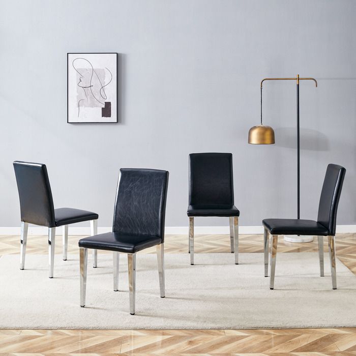 Chaises de salle à manger minimalistes - Ensemble de 4 - Noir-argent - Cuir PU - Pieds en métal - 41x47x90 cm