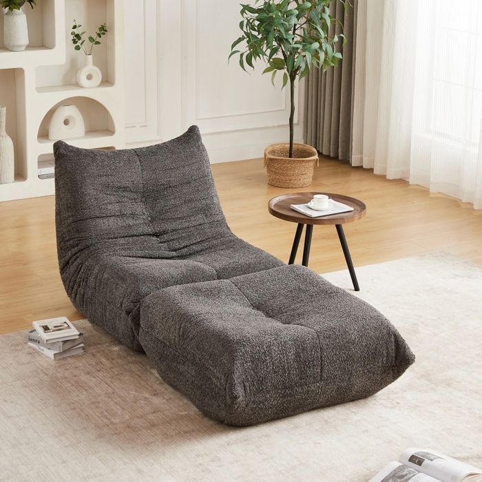 Fauteuil de Sol et Repose-pieds Chauffeuse Ergonomique Mousse Haute Densité Salon Max 150kg en Chenille Gris Foncé