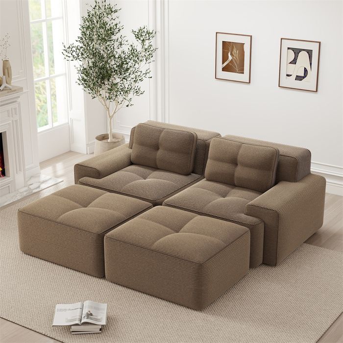 DRIPEX Canapé dangle Modulable en Velours côtelé avec 2 poufs amovibles et coussins Canapé lit 2 places204x177x69cmMarron
