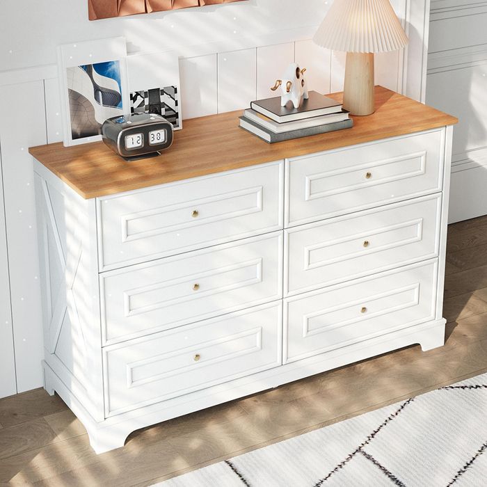 Buffet - motif grange rétro - 6 tiroirs - 120x40x76 cm - blanc et bois naturel