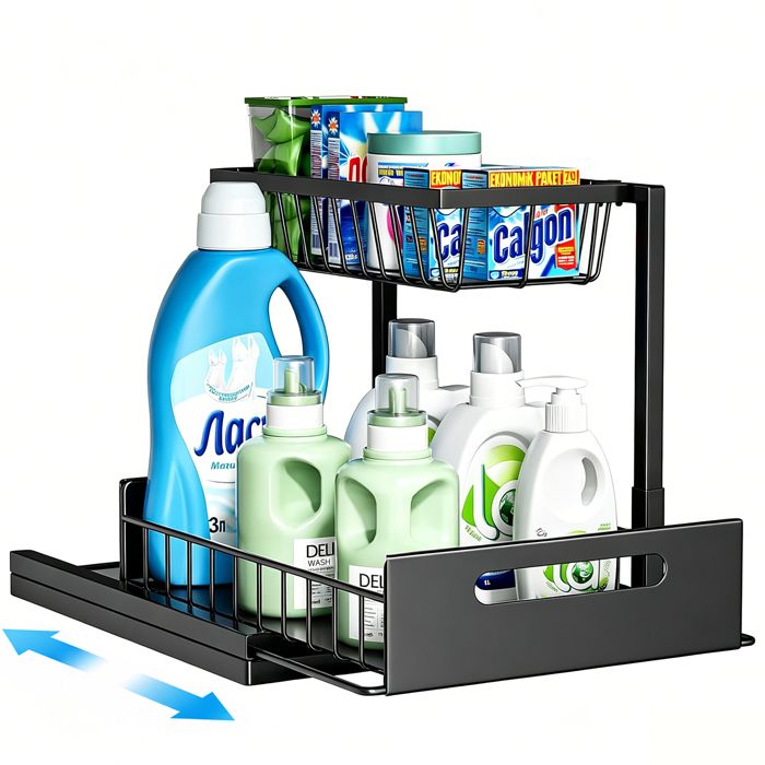 Rangement sous Évier à 2 ÉtagesOrganisateur Coulissant en Acier pour Cuisine Étagère en L Gain de Place pour Produits de Nettoyage