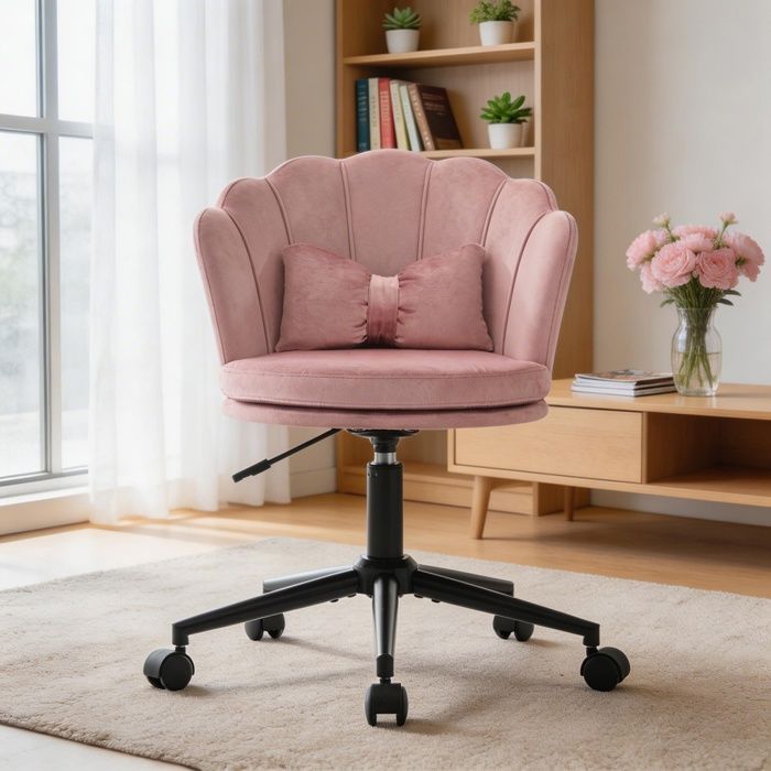 Chaise - Pétale Papillon - Velours rose - Dossier pétale & coussin lombaire - Réglable 45-55 cm pivot 360°