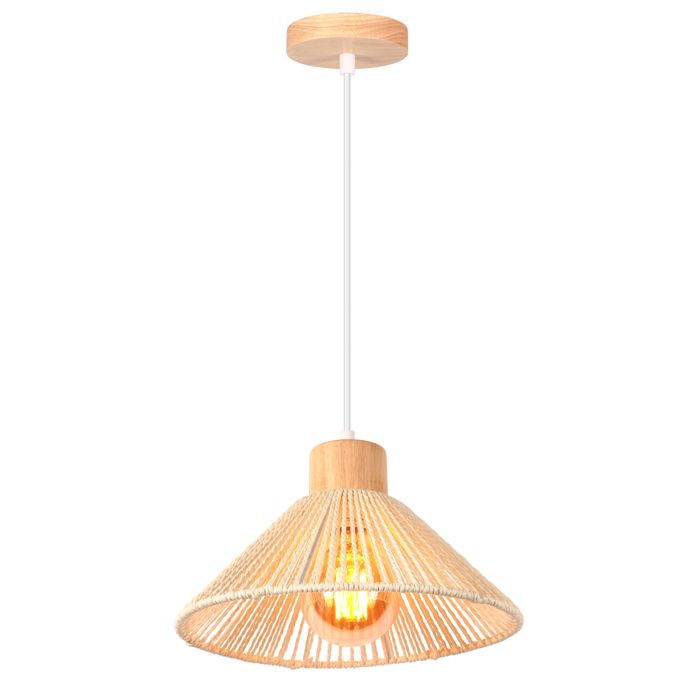Suspension luminaire - SMOTOP - Rotin et bois - Ø26 cm - Bohème vintage