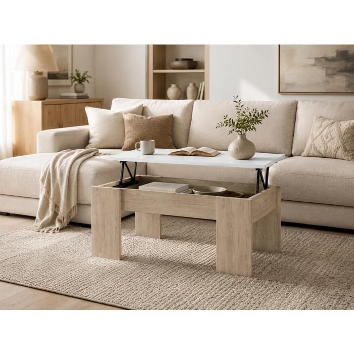 Table basse relevable pour salon. Dimensions : 100 x 45 x 50 cm (Largeur x Hauteur x Profondeur). Finition sable/blanc mat