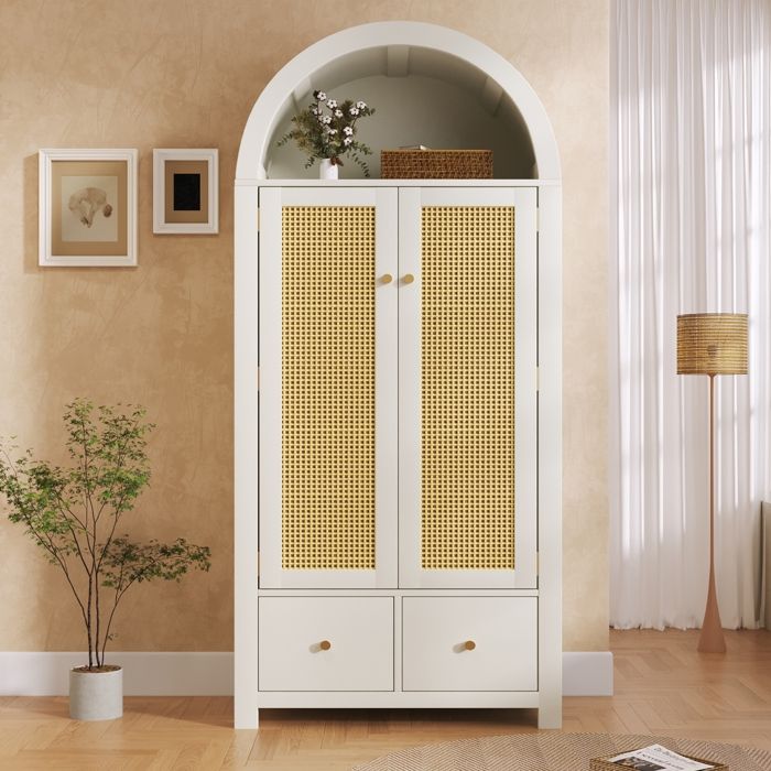 Armoire Chambre avec Tressage en Rotin Armoire Penderie avec 2 Portes et 2 Tiroirs Etagère Semi-Circulaire Ouverte 78x45x181cm Blanc