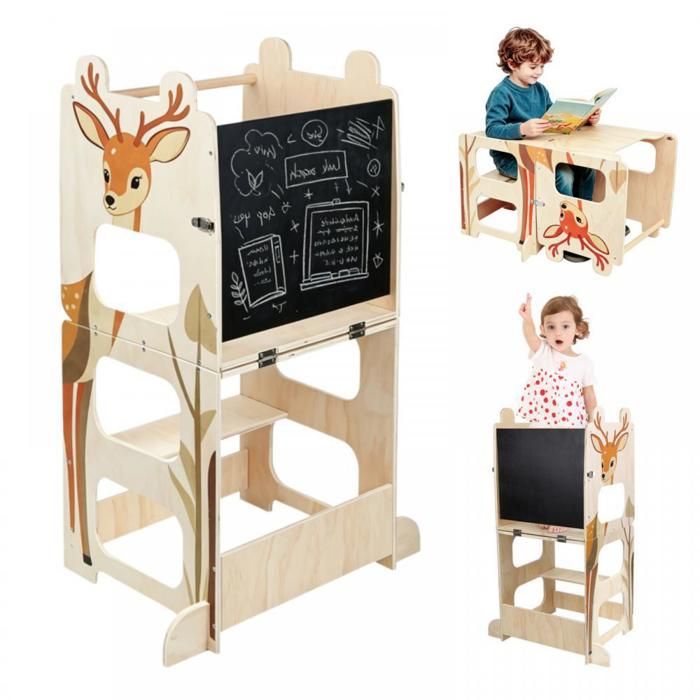 Tour dapprentissage Montessori 4 en 1 Tour dObservation Enfant Pliable avec Tableau Noir Tabouret de Cuisine pour Enfants Cerf