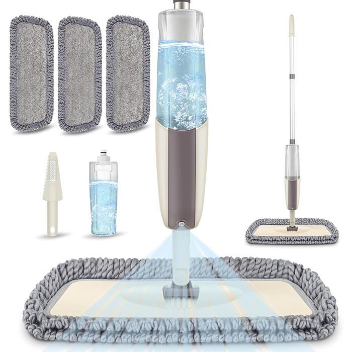 Balai Serpillère Vaporisateur Balai Lave Sol Spray Mop Microfibre Balais Serpillere avec Reservoir et 3 Tampons de Beig SERPILLERE