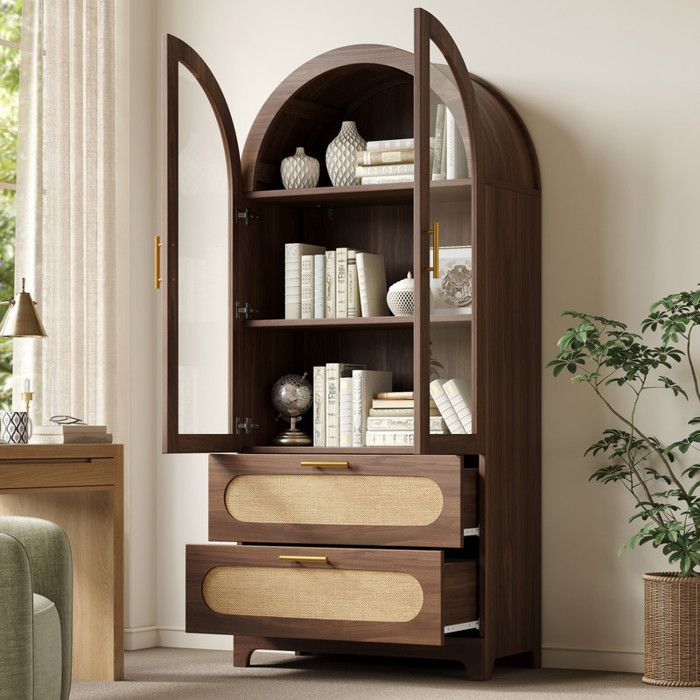 Bladez - Vitrine Bibliothèque avec deux tiroirs et étagères réglables - Design vintage - 80x40x175 cm - Bois et Noyer