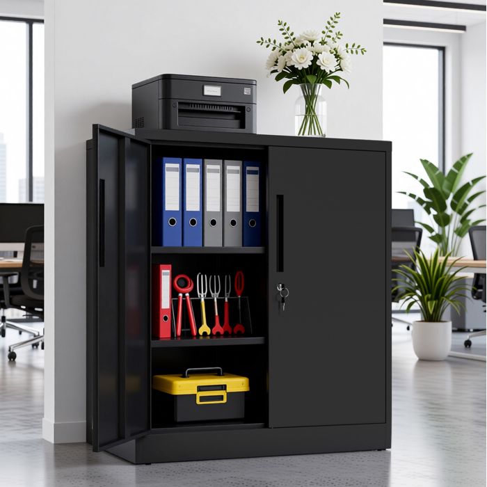 Armoire de bureau en métal noir 2 portes verrouillables 2 étagères réglables 80 x 40 x 90 cm