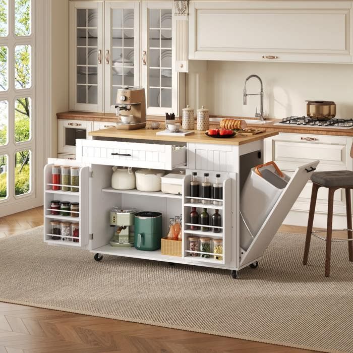 Îlot cuisine moderne avec roulettes pivotantes 360° et plan de travail rabattable 130×70×93 cm avec compartiment poubelle blanc