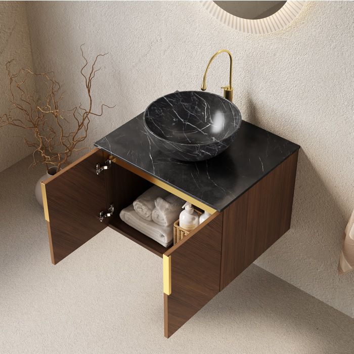 Meuble vasque suspendu 61 cm avec vasque céramique noire plan en pierre frittée noire finition chêne brun