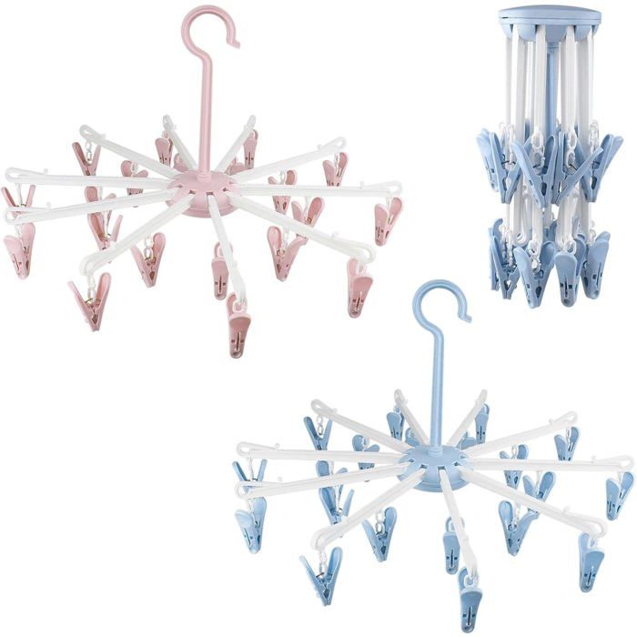 2 Pcs Etendoir Chaussette Séchoir À Linge Pliable Avec 40 Pinces Etendoir Sous Vetement Rotatif & Antidérapant Pour Ménage E[Ji91]