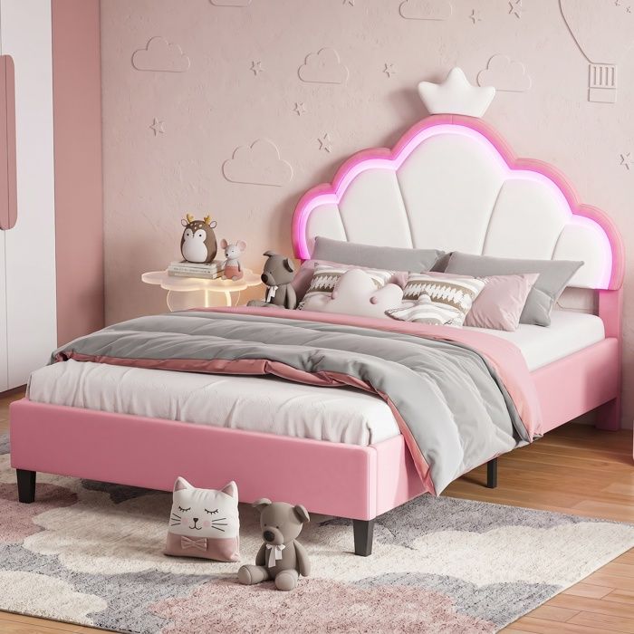 Lit capitonné 140x190 cm lit fille avec tête LED modulable sommier à lattes design couronne velours pour enfants adolescents.