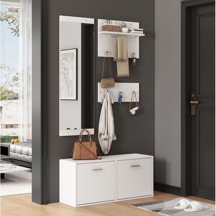 Meuble dentrée vestiaire 4 pièces avec miroir 2 porte-manteaux muraux meuble à chaussures blanc 90x30x41 5 cm ORVRYN