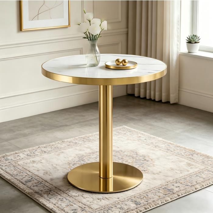 SENVIRO table dappoint ronde 60 x 60 x 74 cm aspect marbre revêtu UV acier inoxydable doré blanc et or