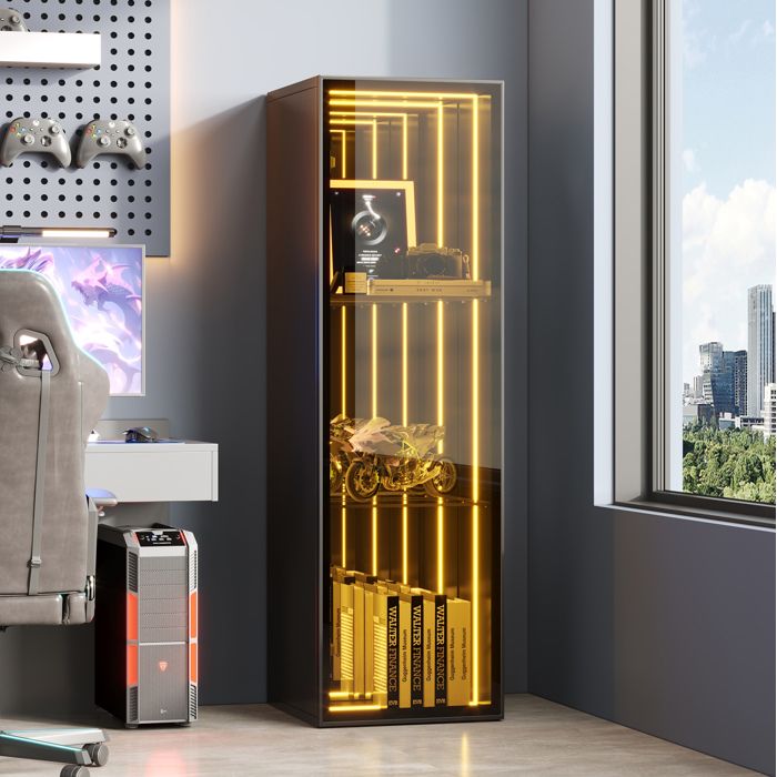 Vitrine 3 Compartiments avec Étagères Réglables et LED - TCQPZ - Verre Trempé Cadre Aluminium 30×30×90 cm