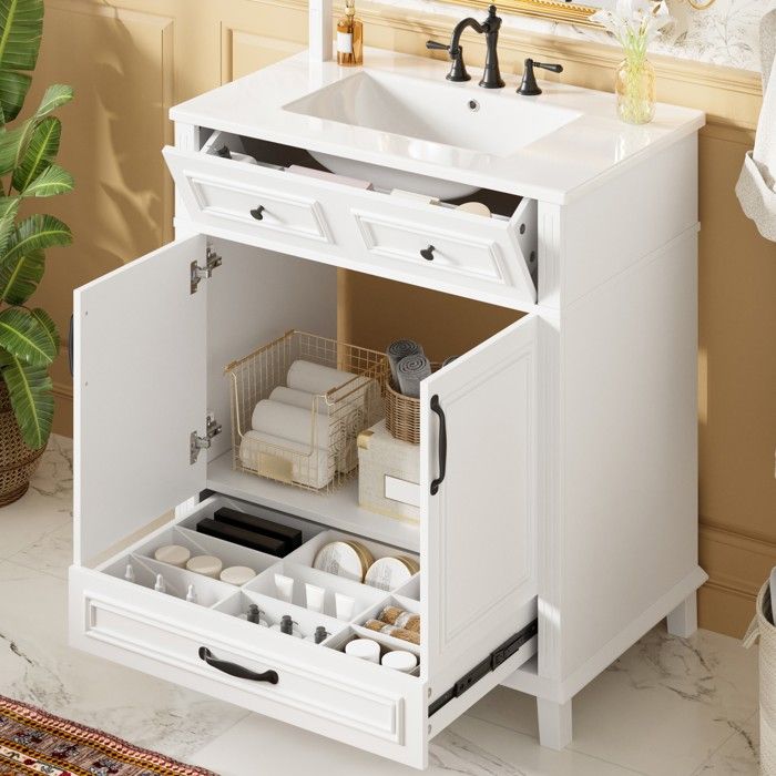 Meuble de Salle de Bain Blanc 77 cm avec Vasque en Céramique Meuble Sous Vasque à 9 Compartiments Portes Soft-Close Meuble de Salle de Bain Blanc 77 cm avec Vasque en Céramique Meuble Sous Vasque à 9 Compartiments Portes Soft-Close