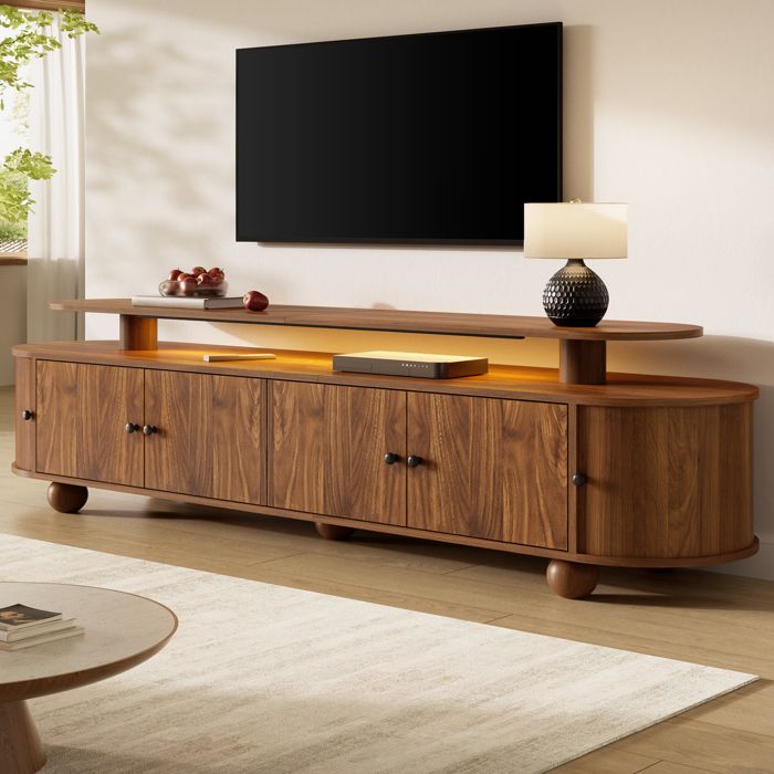 Meuble TV rétro avec éclairage LED meuble de rangement pour salon design 6 portes pieds sphériques bois massif longueur 180 cm