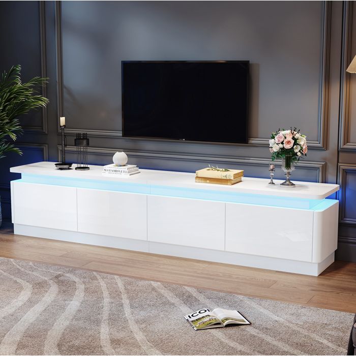 VEVXYN meuble TV rangement meuble TV LED 180 x 34 x 40 cm blanc brillant 4 tiroirs en panneaux de particules pour salon