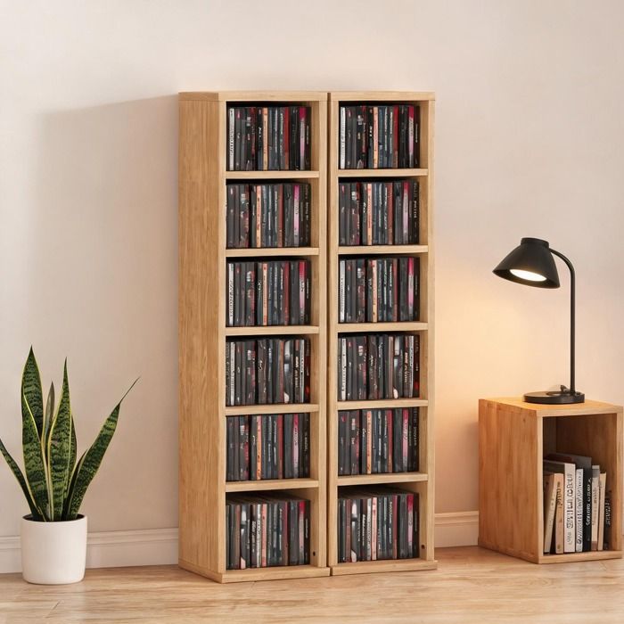 Étagère colonne de rangement CD/DVD en panneau de particules bois naturel 12 compartiments lot de 2 21 x 22 5 x 88 5 cm