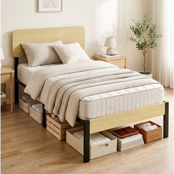 ULEVR lit 1 place 90 x 200 cm avec tête de lit cadre en métal et bois naturel 14 lattes rangement sous lit