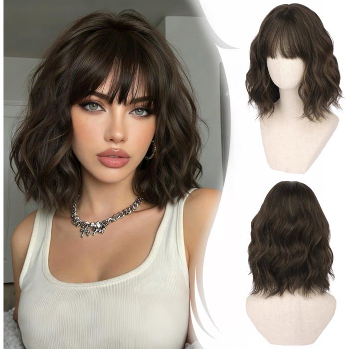 Perruque Bob Naturelle Courte Femme Avec Franges 35Cm Perruque Surbrillance Marron Bouclée Ondulée Synthétiques Pour Cosplay[CA58]
