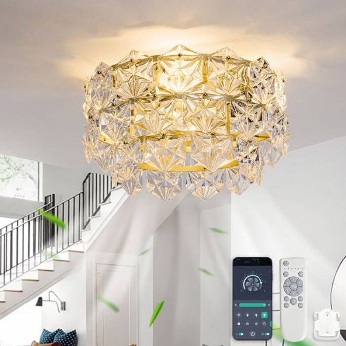Plafonnier ventilateur 19 pouces lustre cristal doré pales ABS contrôle App et télécommande 6 vitesses réversibles pour intérie