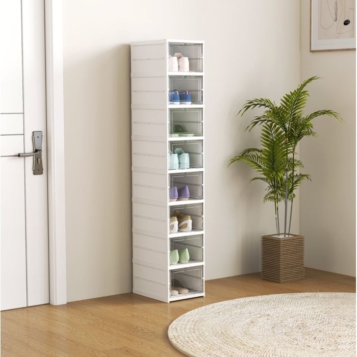 Meuble rangement chaussures pliable empilable 8 pièces porte transparente plastique blanc sans montage JOINERY