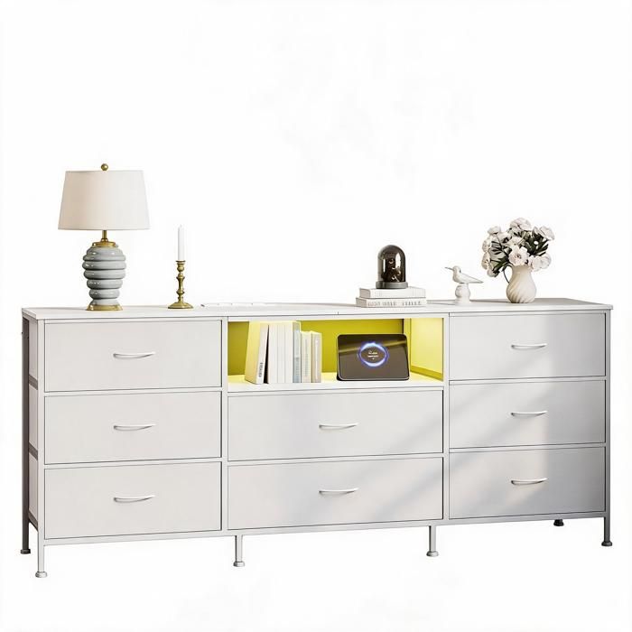 KOIOPLIE Meuble TV LED 160 cm avec 8 tiroirs en tissu buffet rangement pour TV 65-75 pouces cadre acier prise AC/USB Blanc