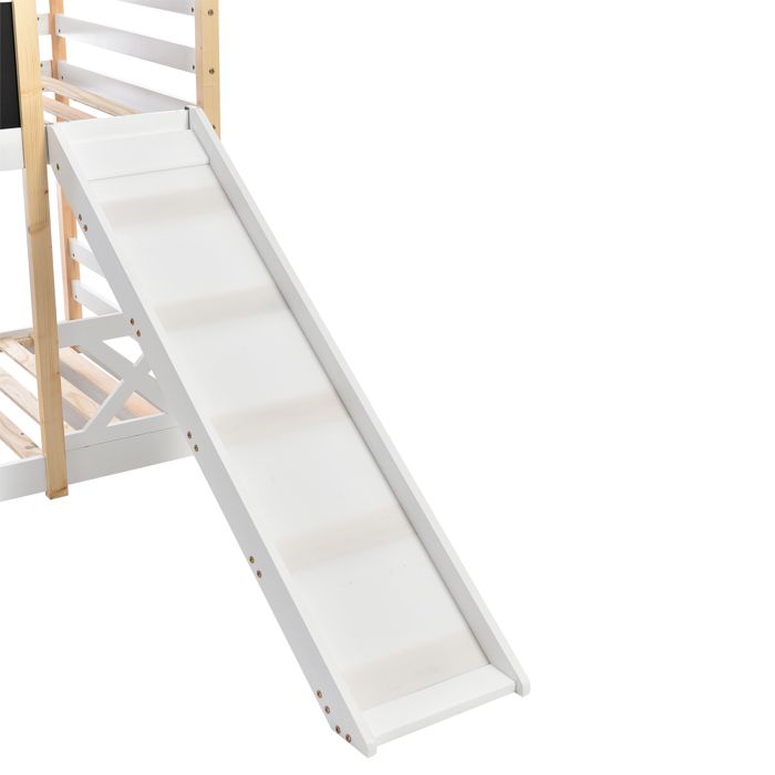 Lit superposé - Forme toit - Avec toboggan et échelle - Bois pin massif blanc - Protection anti-chute