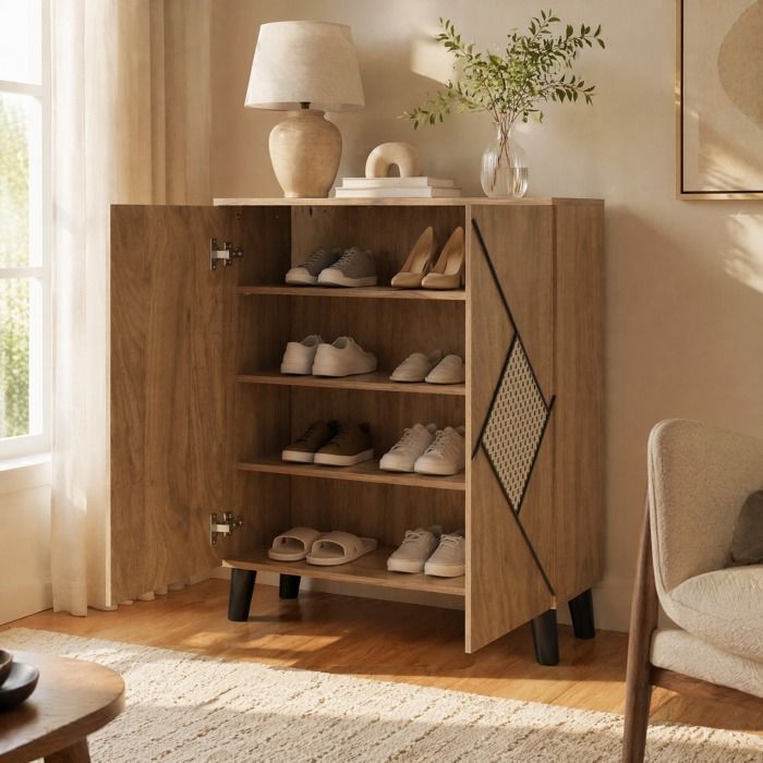 Meuble à chaussures 80 x 32 x 91 cm aspect bois portes fermées 4 étagères meuble d’entrée TYNQER
