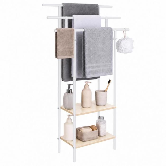 Porte-serviettes QUIIENCLEE étagère de salle de bain à 3 niveaux cadre métal avec 2 tablettes en bois 40×28×112cm blanc