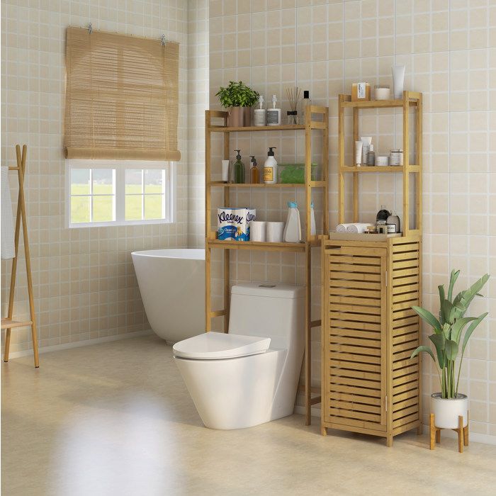Meuble rangement WC étagère au-dessus des toilettes 3 niveaux bambou naturel anti-basculement gain de place ORVRYN