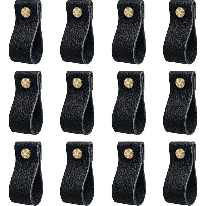 Poignées meuble cuisine cuir lot 12 anti-collision vis incluses - Noir