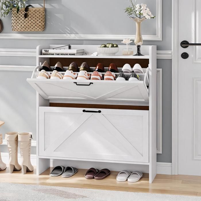 JoyGarden Armoire à chaussures étroite 2 tiroirs pivotants Blanc rangement 16 paires avec étagère réglable pour entrée couloir