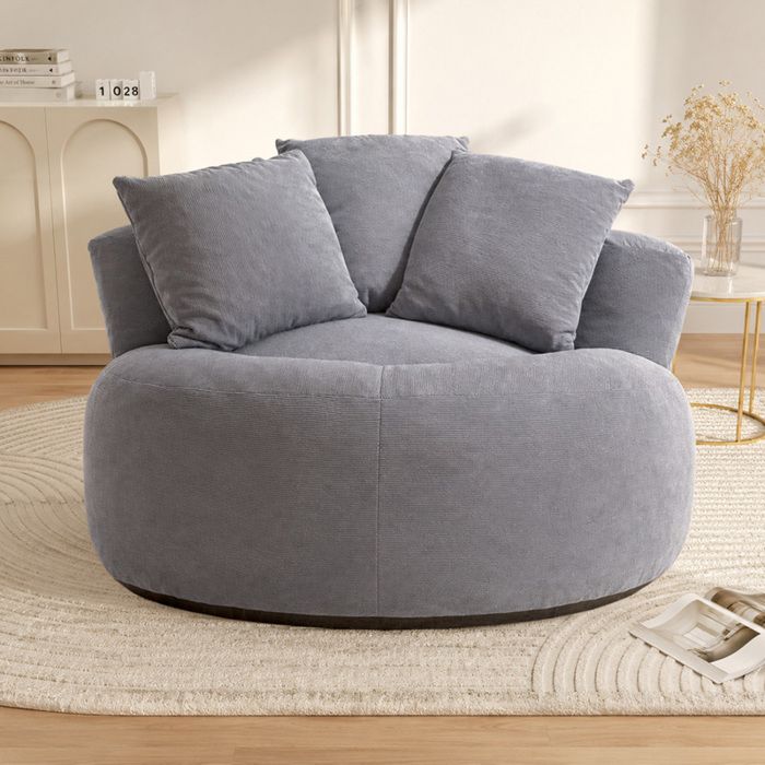 Fauteuil pouf rond 120x120x65 cm gris velours côtelé assise profonde canapé lounge au sol sans montage