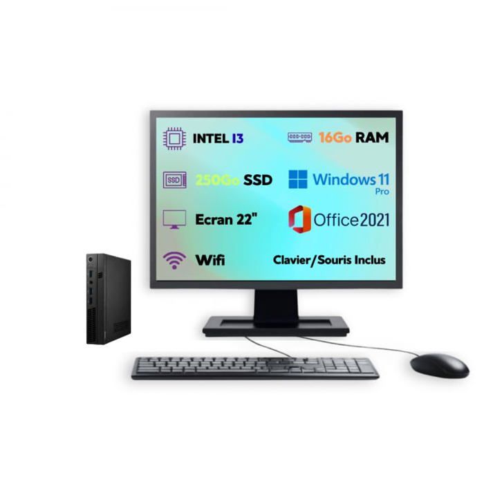 PC Ultra Mini - Intel Core i3 - Windows 11 Pro - SSD 250Go - RAM 16Go - Écran 22 + Clavier et Souris - Ordinateur de Bureau