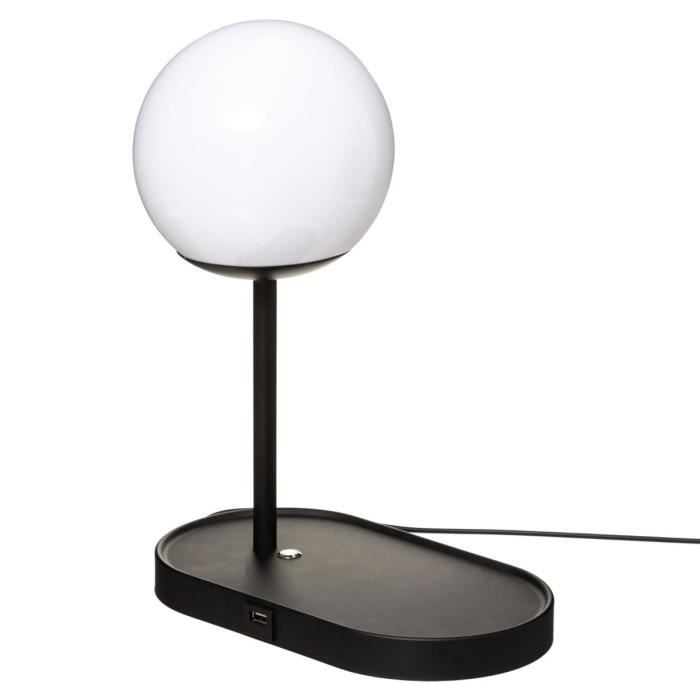 Lampe boule - ATMOSPHERA - H33 cm - Métal - Noir - LED 5W - Chargeur téléphone