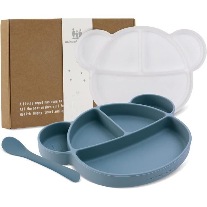 Set Assiettes Bébé Aolso Avec Ventouse - 2PCS Silicone + 2 Cuillères + 2 Fourchettes | Divisé, Lavable