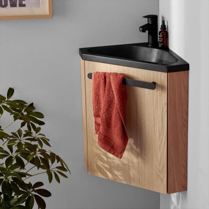 Meuble lave-mains d'angle SKINO en bois décor chêne avec vasque noire en résine de synthèse et robinet noir