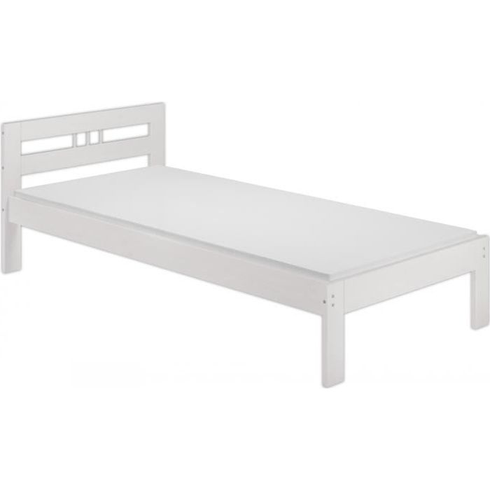Lit simple en pin massif blanc 90x190 jolie tête de lit avec sommier et matelas 60.64-09-190WM Lit simple en pin massif blanc 90x190 jolie tête de lit avec sommier et matelas 60.64-09-190WM