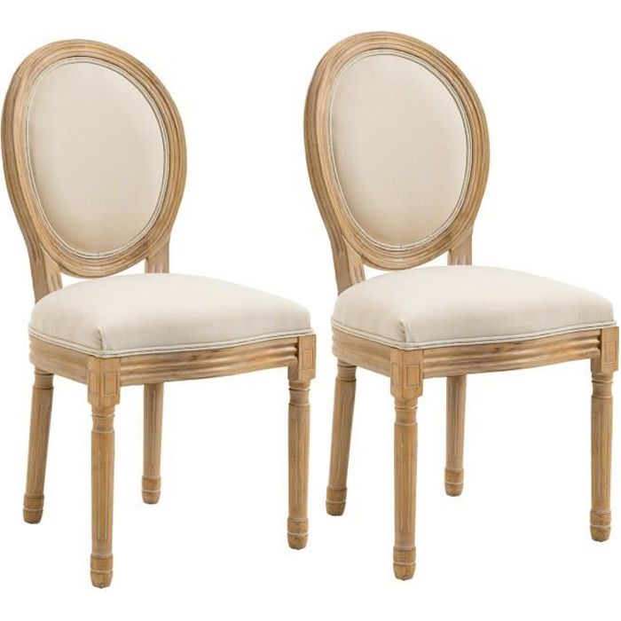 chaises médaillon - homcom - lot de 2 - bois massif sculpté - aspect lin beige